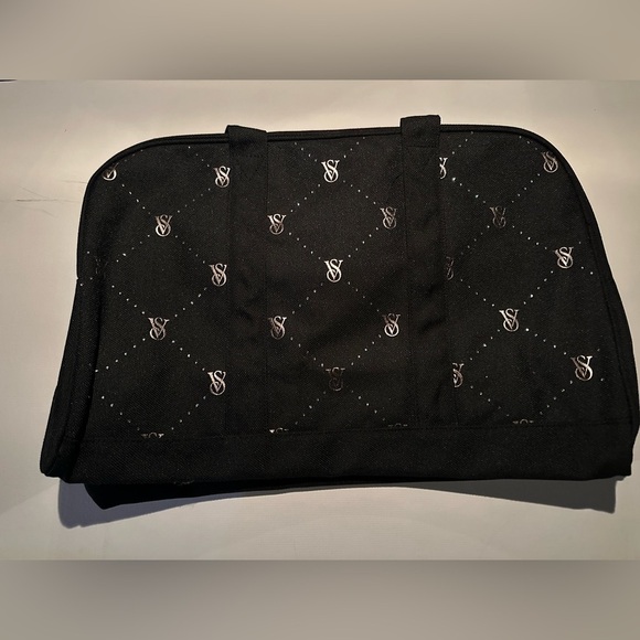 Victoria's Secret Weekender Large Black Tote Zip Duffle Bag VS Logo Rhinestones - Picture 3 of 5